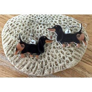 Dachshund Earrings New Dangle Hooks Double Sided Black Tan Weenie Dog Ge…